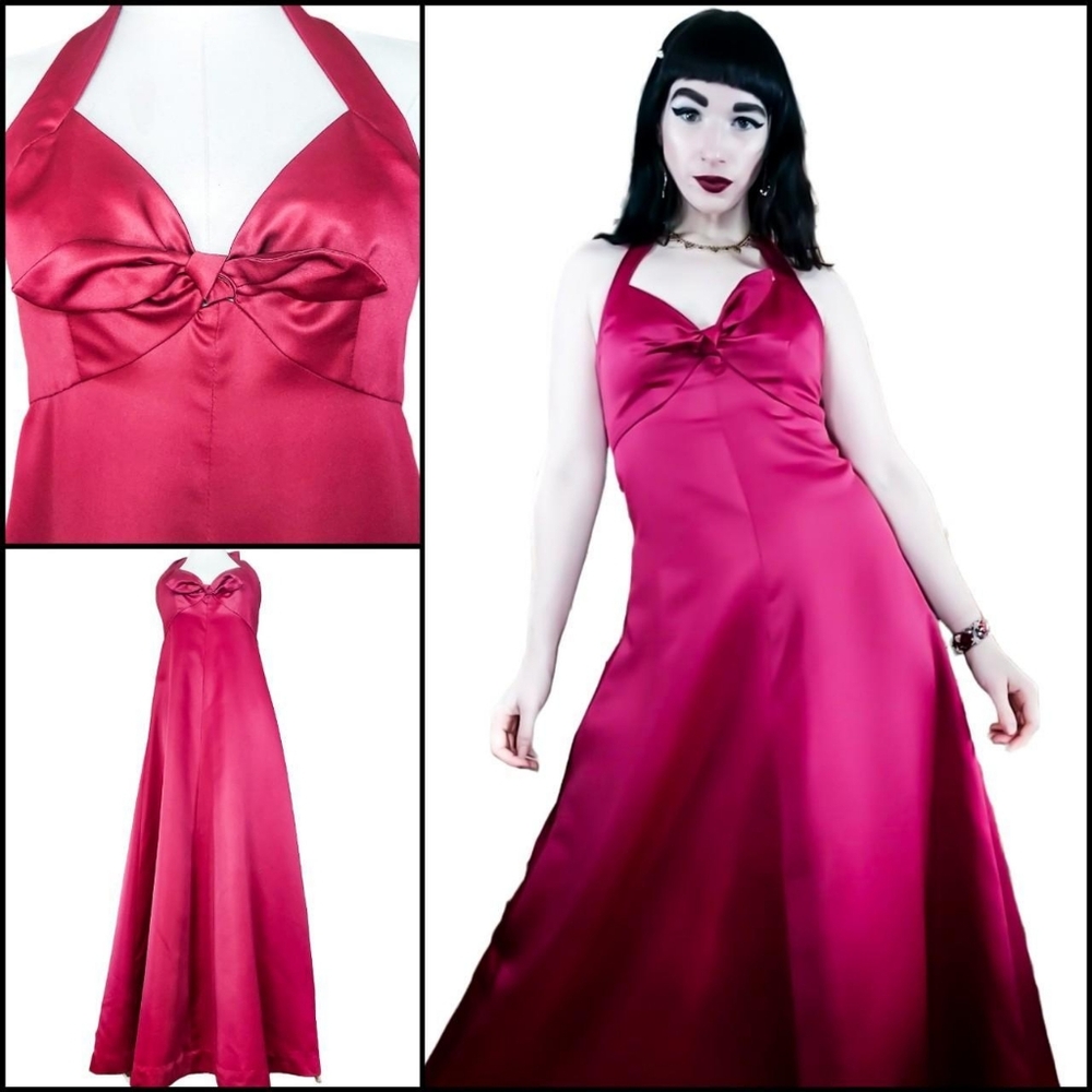Vintage 1970s Halter Magenta Empire Waist Prom Disco Maxi Dress